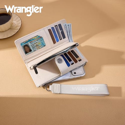 Montana West X Wrangler Wristlet Wallets for Women Large Bifold Clutch Wallets with Coin Purse Smooth Zipper and Rfid Lining - color: Beige