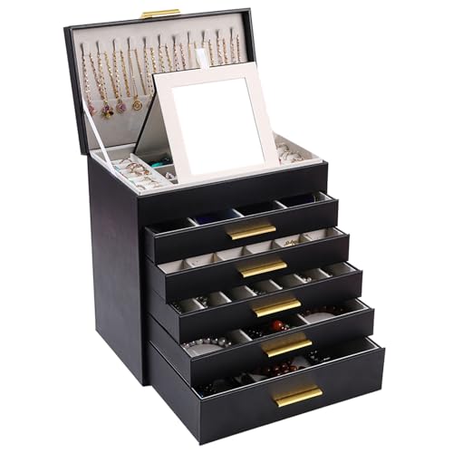BOOVO Jewelry Boxes for Women, White and Black 6 Layer Large Jewelry Box for Necklace, Bracelet, Earrings, Rings Storage, Jewelry holder Organizer for Girls Gift (Black and Gold, 6 layer) - color: Black and Gold, size: 6 layer
