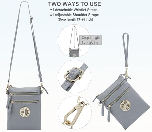 Small Multi Zipper Pockets Crossbody Bag with Detachable Wristlet - color: Blue Grey