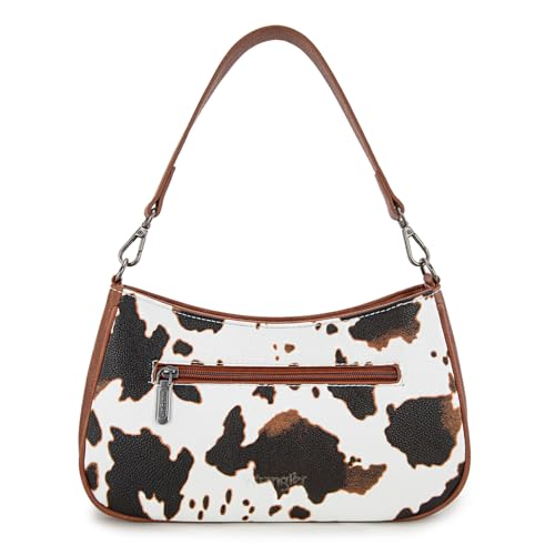 Wrangler Shoulder Bag for Women Western Small Purse Hobo Handbag | Aztec, Underarm Bag, 2 Detachable Straps, Secure Zipper Closure, Back Pocket, Crossbody Bag for dates, travel and everyday - color: Cow Print-brown