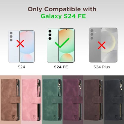 for Samsung Galaxy S24-FE-Wallet Case: with RFID Blocking Card Slots (6 Cards) | Soft PU Leather Magnetic Snap Zipper Pocket | Crossbody Wrist Strap Protective Phone Cover - Coffee - color: Coffee, size: Galaxy S24 FE（6.7‘’）