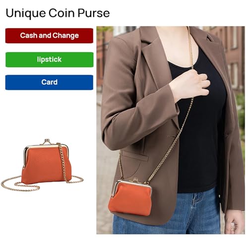 Leather Coin Purse for Women – Small Credit Card Holder with Chain, Mini Crossbody Wallet for Cash & Change - color: Orange