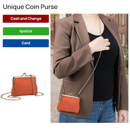 Leather Coin Purse for Women – Small Credit Card Holder with Chain, Mini Crossbody Wallet for Cash & Change - color: Orange