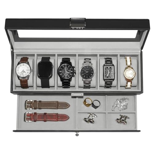 Watch Box for Men 6 Slot,Double Layer Mens Watch Case Display Organizer with Real Glass Top,Large Holder for 50mm Watches,PU Leather Jewelry Drawer Storage Valet Tray for Men,Black - style: 6 watches-Black-Gray