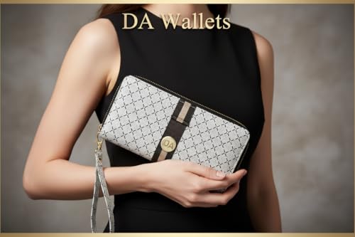 Women's Designer Wallet RFID Blocking DA Leather Wallets Large Phone Holder Wristlet wallets for women - color: Beige & Brown