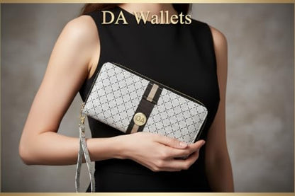 Women's Designer Wallet RFID Blocking DA Leather Wallets Large Phone Holder Wristlet wallets for women - color: Beige & Brown