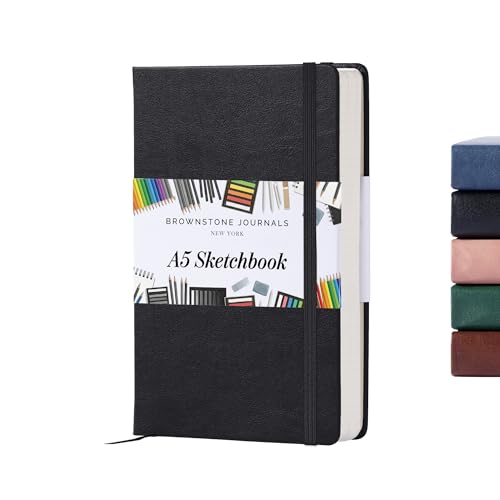 BROWNSTONE JOURNALS A5 Sketch Book Hardcover - 80 Sheets 100 GSM Paper | 5" x 8", Lay Flat, Vegan Leather Cover, Elastic Band, Back Pocket, Compact Art Drawing Book for Adults & Students - color: Charcoal Black, size: A5 (5" x 8")