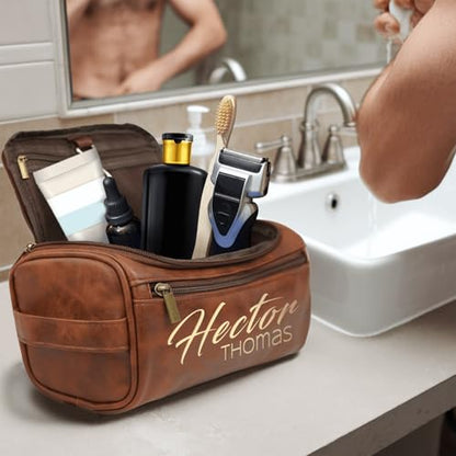 Mens Toiletry Travel Bag Personalized, Custom Leather Toiletries Shaving Bag, Ideas Gifts for Birthday, Anniversary, Groomsmen, Graduation, Christmas, Engraved with Pattern and Text - color: Brown(Small）