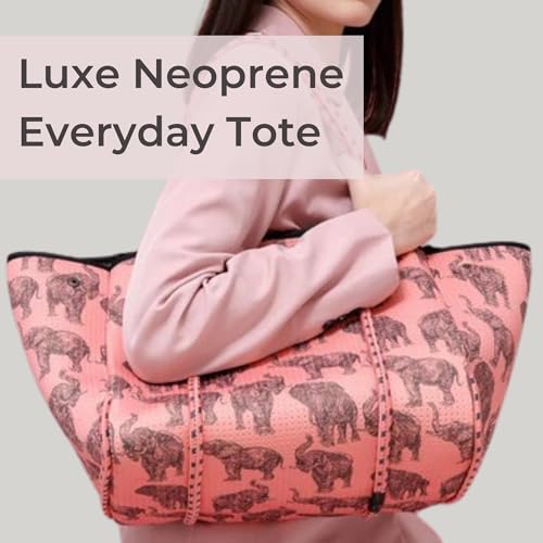 POPUPS Large Neoprene Tote Bag for Women - Everyday Designer Handbag for Travel Work and Beach with Pockets and Zipper Pouch - color: 1majestic Elephants
