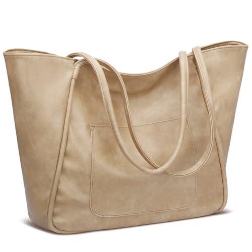 KKXIU Large Tote Bag for Women with Zipper Work Leather Travel Purse and Handbags - color: Beige