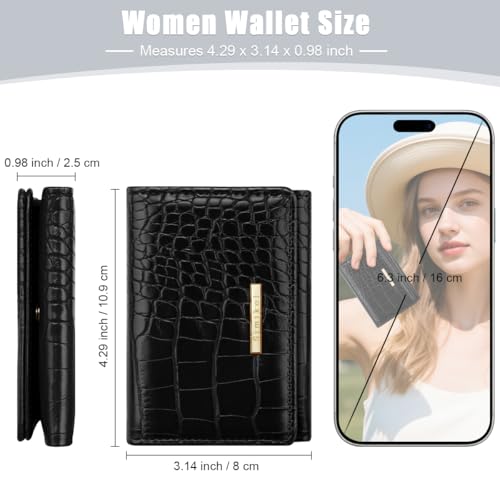 Crocodile Wallets Women Small Luxury Faux Leather Alligator Wallet | Chic RFID Blocking Womens Trifold Credit Card Holder Ladies Mini Purse, Black Croc - color: Black