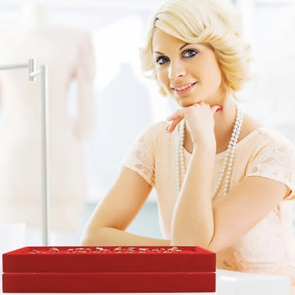 Jewelry Tray, 4 Pack Jewelry Organizer Velvet Jewelry Tray Stackable Jewelry Trays, Necklace & Earring Holder, Divided Bracelet & Ring Storage, 13.8"x9.5"x1.2" - Elegant Display Case (Red) - color: Red