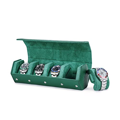 Hiram Genuine Leather Saffiano Leather Watch Roll Travel Case, Leather 4-Watches Roll Case for Treasured Watches and Bracelets(Green) - color: Green, size: 4-slots