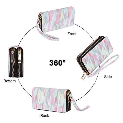 XEYOU Double Zipper Long Clutch Wallet Cellphone Wallet for Women with Removable Wristlet Strap for Credit Card, Cash, Coin, Bill - color: Pink+green+yellow