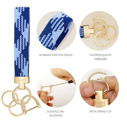 Fishent Stretchy Wristlet Keychain, Cute Key Chain, Woven Wrist Lanyard for Car Keys with 3 Keyrings and D-ring for Women Men - color: Blue-white