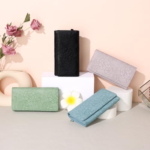 GAEKEAO Wallets for Women Vegan Leather RFID Blocking Card Holder Trifold Ladies Long Purse Wristlet Clutch with 3 ID Windows - color: Blue