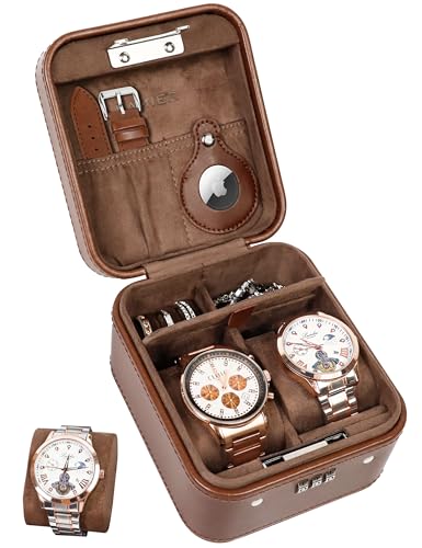 Watch Travel Case with Combination Lock - 2 Watch Storage and Jewelry Organizer - Watch Case for Ring and Watch Storage, PU Leather Travel Watch Case, Ideal for Gift (With Gift Box) (Brown) - color: Brown