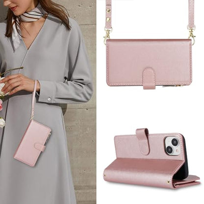iCoverCase Compatible with iPhone 15 Plus Crossbody Case with Strap, Wallet Phone Case Card Holder [Not Detachable] PU Leather Kickstand Zipper Lanyard Case 6.7" (Rose Gold) - color: Rose Gold, size: for 15 Plus 6.7 inch