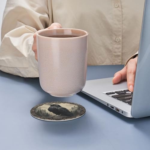 Raven Coasters for Drinks with Holder Round Leather Coasters Set of 6 Cups Mugs Mat Pad for Home Kitchen Bar - color: Raven
