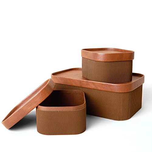 LA JOLIE MUSE Decorative Storage Boxes with Lids Faux Leather, Brown 3 Pack | Vegan Leather Lids, Fluted Cardboard Storage Basket, Organizer for Jewelry, Shelves, Bedroom & Closet Storage Memory Box - color: Chocolate Brown