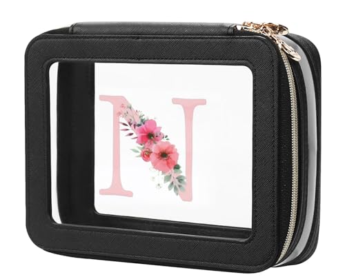 Relavel Personalized Initial Clear Makeup Bag, PU Leather Waterproof Travel Toiletry Bag with Zipper, Portable Skincare Pouch Car Organizer Bag, Idea Gifts for Women Girls, Black N - size: Medium, style: N