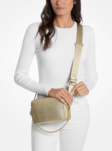 Michael Kors Bryant Medium Double Zip Chain Camera Crossbody Bag - color: Gold-tone Hardware/Metallic Pebble Embossed Leather/Pale Gold