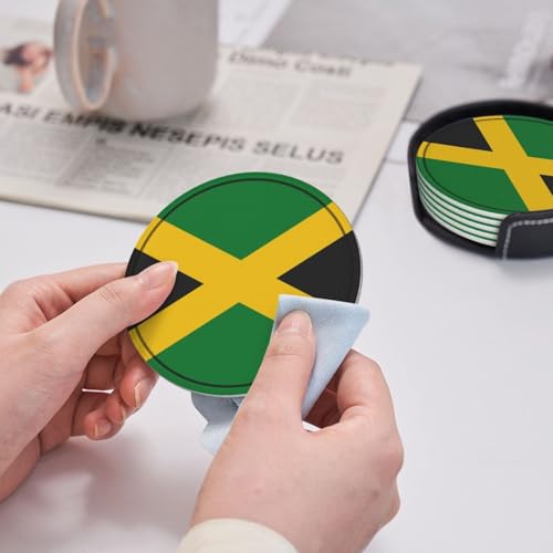 Jamaica Flag Leather Drinks Coasters with Holder, Set of 6, Suitable for Various Cups - color: Jamaica Flag