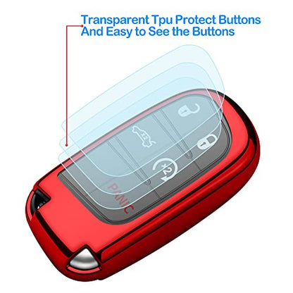 Compatible With Jeep Key Fob Cover With Leather Keychain Soft TPU Protection Key Case For Grand Cherokee Renegade Chrysler 200 300 Dodge RAM Durango Challenger Journey Dart Fiat Smart Key,Red - color: Red