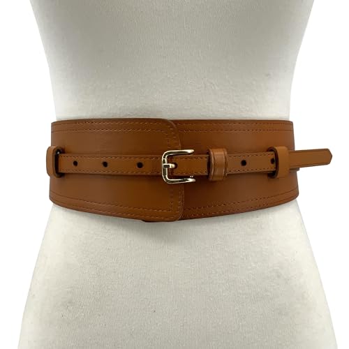 Women Wide Waistband, High and Low Waist Full Grain Leather Skinny Boho Concho Belt - color: Tan, size: 32"(fits 30”-34”)