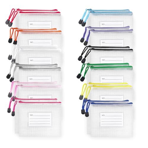 BOPART 24pcs Small Mesh Zipper Pouch 6.3x4.9 Inches Waterproof Zip Mesh Bags with Label Pocket for Home Office Supplies & Cosmetics Travel Accessories - size: 6.3" x 4.9"(A6)