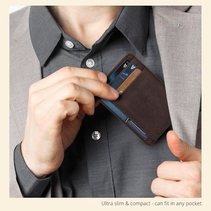Slim Minimalist RFID Leather Wallet, Front Pocket Card Holder, Brown Hunter - color: Brown Hunter