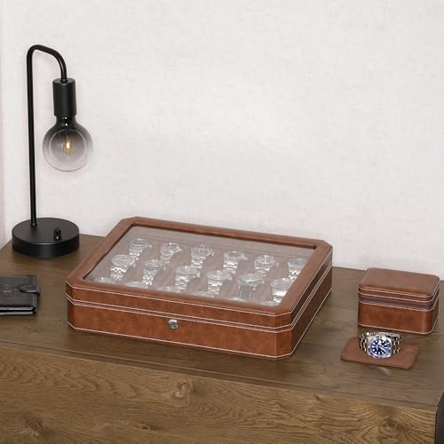 ROTHWELL 18-Slot Watch Case – Luxury Watch Box for Men, Real Glass Top, Lockable, Elegant Display for Collections (Tan/Brown) - color: 18 Slot -Tan / Brown
