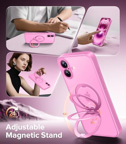 Magnetic Unbreakable Stand for iPhone 16 Plus Case, [Wireless Charging] [Anti-Slip] [Military-Grade Protection] [Compatible with MagSafe] Slim Translucent Matte Phone Cover 6.7 inch, Rose Pink - color: Pink, size: iPhone 16 Plus (6.7Inch,2 Lens)