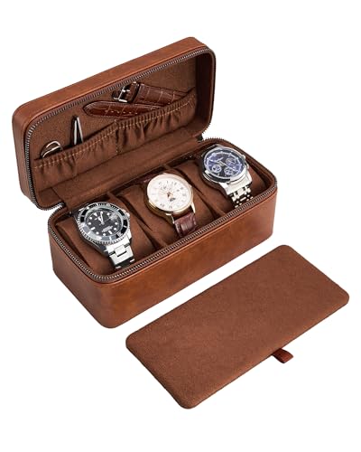 ProCase 3-Slot Watch Travel Case for Men, Portable Watch Holder -Brown | PU Leather, Compact Small Travel Carrying Box, Storage Case for Luxury Watches & Smartwatches with Jewelry Compartment - color: Brown, size: 3-Slot
