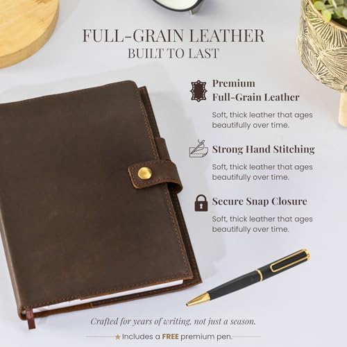 A5 Refillable Leather Journal for Men and Women with Pen, Leather Notebook, Bound Cover, Premium Writing Diary