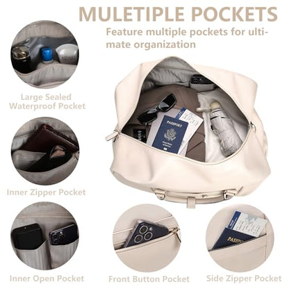 Large 4-in-1 Leather Duffle Bag for Travel Weekender Overnight Hospital Gym Bag for Men & Women, Carry On Airline Approved Personal Item Duffel Garment Bag Luggage with Shoe Compartment & Toiletry Bag - color: 4PCS White