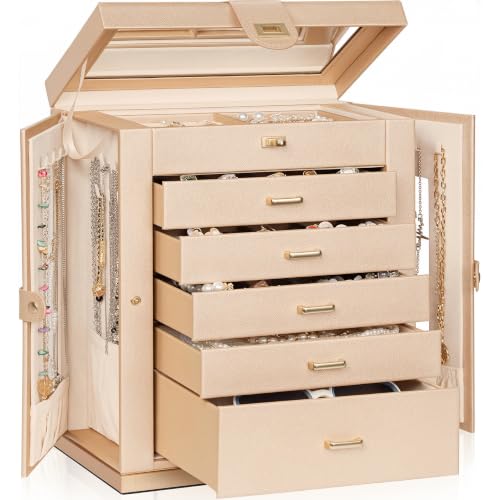 AKOZLIN 6-Tier Jewelry Box Organizer Functional 5 Drawers Leather Jewelry Storage Case for Women Girls Ring Necklace Earring Bracelet Holder Organizer with Mirror XL Champagne 360° Rotating - color: Champagne, size: XXLarge