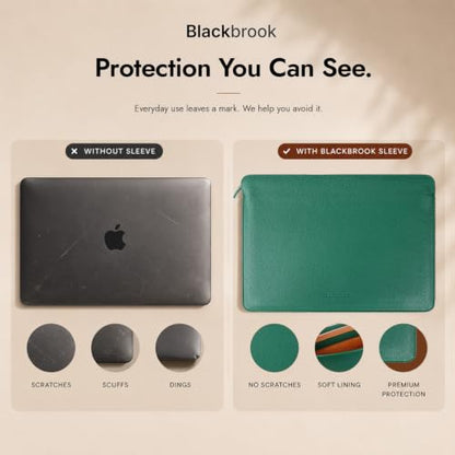 BlackBrook Tyler Leather Sleeve for MacBook Air 15 Inch & Pro 16 Inch | Handcrafted by Artisans, For Work, Travel & Daily Carry, Ages Without Peeling - color: Pebble Green