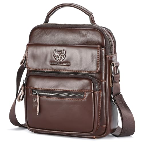 Mens Shoulder Bag Leather Crossbody Bags Leather Sling Bag Messenger Bags | LEBULLBRO Shoulder Bag for Men Crossbody Bags Leather Sling Bag Messenger Bags with Multiple Pockets Business - color: Coffee