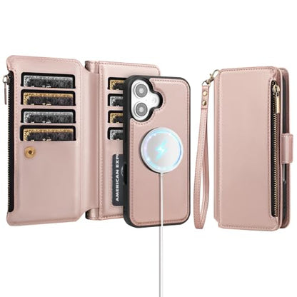 Antsturdy Compatible with MagSafe iPhone 16 Wallet Case,Rose Gold | Detachable Magnetic Credit Card Holder,RFID Blocking,PU Leather Zipper Purse,Wrist Strap Kickstand,Flip Phone Cover for Women - color: (Detachable with Magsafe)-Rose Gold