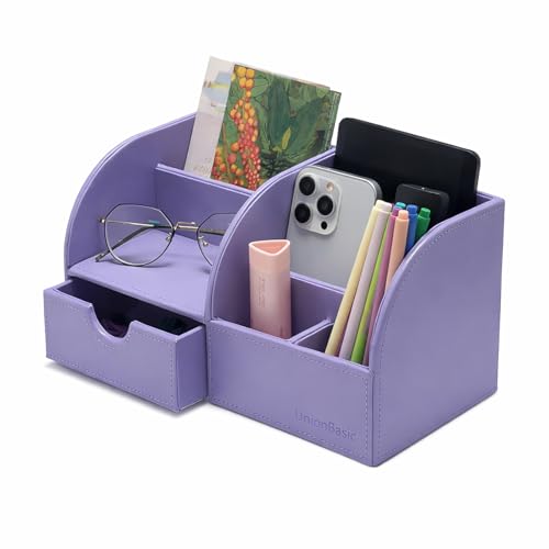 UnionBasic Desk Organizer - Multifunctional Leather Desktop Pen Holder Storage Box - Business Card/Pen/Pencil/Mobile Phone/Stationery Holder - color: Purple