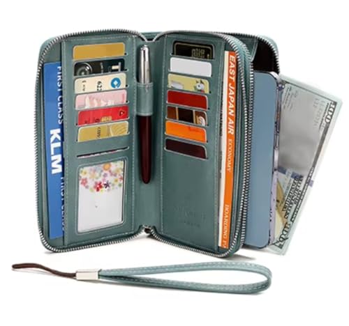 PU Vegan Leather RFID Long Wallet for Women, Zip Around Closure & Wristlet Hand Strap, Large Capacity Card Slots Coin Pocket & Pen Holder (Light Blue) - color: #04 Light Blue
