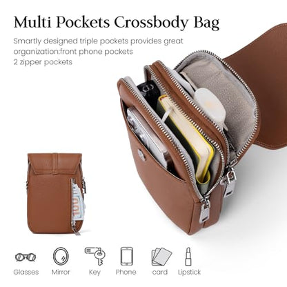 befen Genuine Leather Small Crossbody Bags for Women Cell Phone Purse | Real Leather, RFID Blocking Card Slots, Multi Pockets, Cell Phone Bag, Travel Purse, Anti Theft - color: Cognac Brown