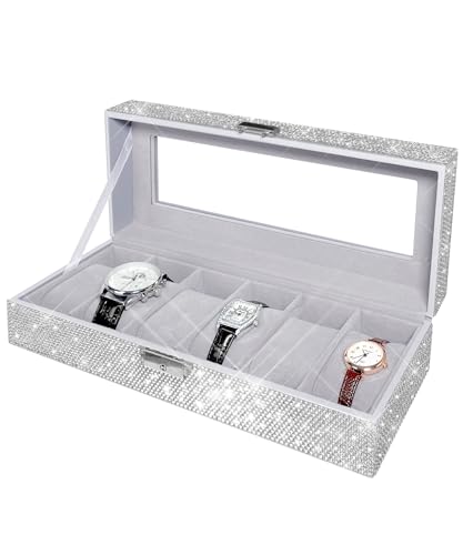 Watch Box Case Bling Rhinestones Watch Holder for Women with 6-Position Storage Luxury Organizer