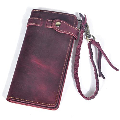 Le'aokuu Mens Genuine Leather Bifold Wallet Organizer Checkbook Removable Chain Wallet - color: E Wine
