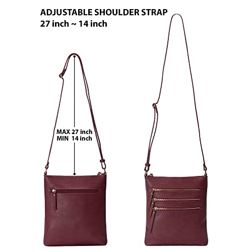 Crossbody Bag Functional Multi Pocket Messenger Purse Top Zip Closure Shoulder Handbag With Adjustable Strap - color: Burgundy