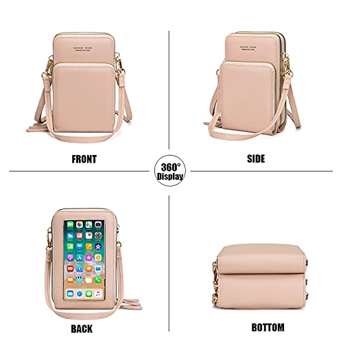 myfriday Touch Screen RFID Phone Crossbody Purse with 2 Straps for Women | Clear phone window, RFID card space, 11 slots and zip pockets support quick calls, errands, theme parks and travel - color: A-pink