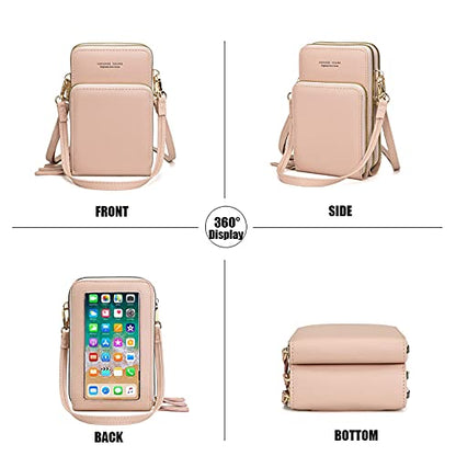 myfriday Touch Screen RFID Phone Crossbody Purse with 2 Straps for Women | Clear phone window, RFID card space, 11 slots and zip pockets support quick calls, errands, theme parks and travel - color: A-pink