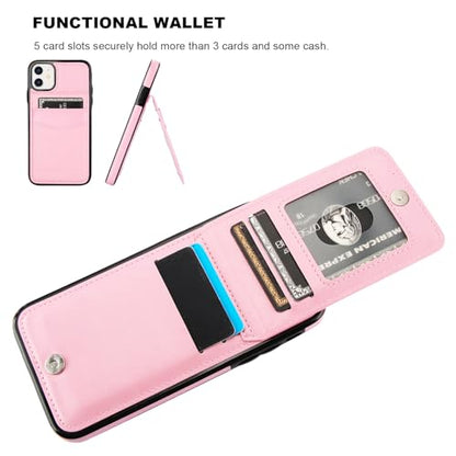 KIHUWEY for iPhone 11 Wallet Case Card Holder Kickstand, Pink | Credit Card Slots, PU Leather, Magnetic Clasp, Flip Heavy Duty Protection Cover for Men and Women - color: Pink