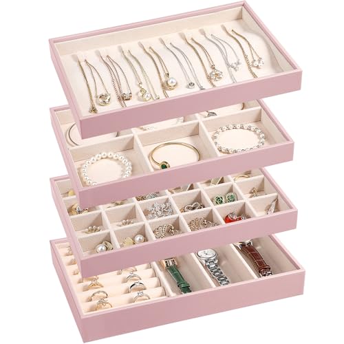 LANDICI 4-Piece Stackable PU Leather Jewelry Organizer Trays, Rose Gold | Four stackable PU leather trays with flannel lining, ring rolls, necklace hooks and removable dividers for customized storage - color: Rose Gold